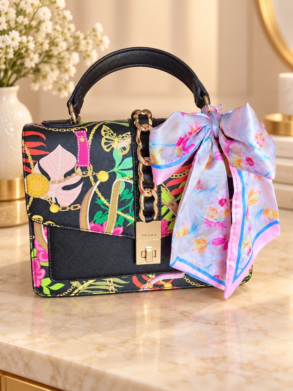 Aldo Black Multicolor Floral Chain-Print Top Handle Bag with Pastel Scarf